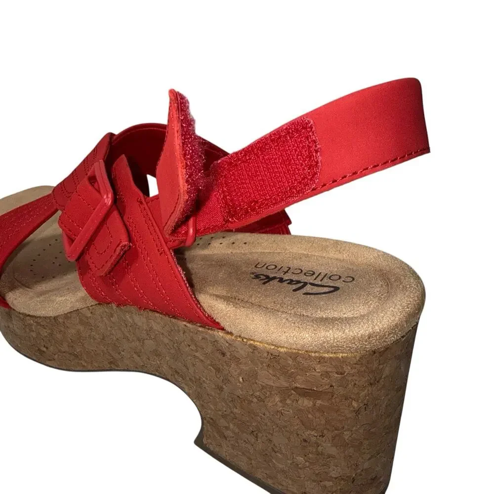 Clarks Collection Nerisa West Buckle Wedge Sandals Cherry Nubuck SZ/12 M